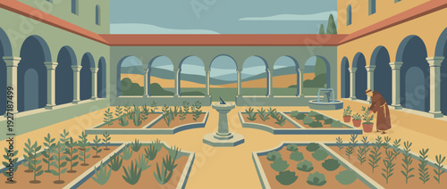 Flat Vector Illustration of a Peaceful Monastery Garden with Herb Plots, a Central Sundial, and a Monk Tending to Plants in a Serene Cloister Courtyard with Arched Walkways and Scenic Hills