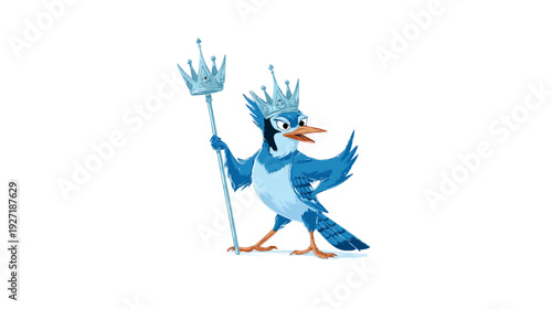 Animated blue bird character wearing crowns and holding a scepter. Smiling and expressive