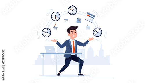 Successful Businessman Character Juggling Clocks, Calendars, and Notes at His Desk, Representing Effective Time Management, Productivity, Multitasking, and Work-Life Balance in a Modern Office.