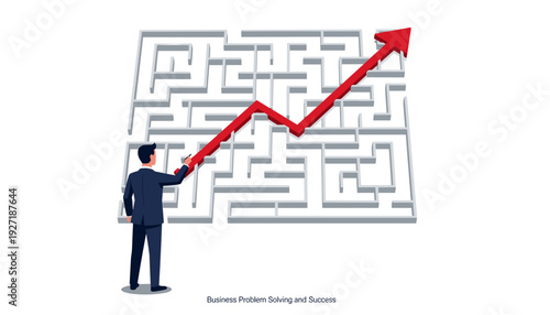 Businessman in suit drawing a red arrow line breaking through a complex maze to reach success, concept of business problem solving, innovative strategy, overcoming obstacles, and achieving growth.