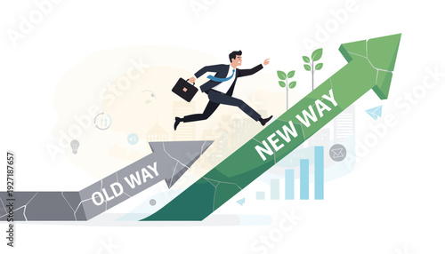 Successful businessman jumping from old way arrow to growing new way arrow, choosing to move forward to a better strategy, innovation, career progress, and sustainable business growth concept.