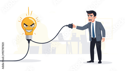 Businessman in a Suit Trying to Unplug an Evil Glowing Light Bulb with a Malicious Grin Representing a Bad Idea, Negative Opinion, or Toxic Thought in a Modern Office Setting Vector Illustration.