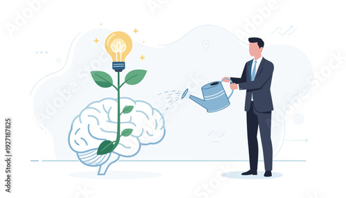 Businessman Watering a Plant Growing from a Human Brain with a Glowing Lightbulb Flower, Metaphor for Creative Idea Growth, Personal Development, Innovation, Knowledge, and Business Strategy.