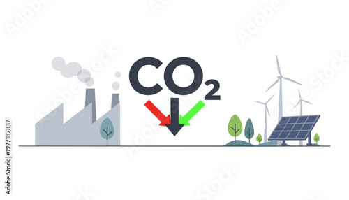 Conceptual Flat Vector Illustration of Reducing Carbon Emissions and CO2 Footprint, Transitioning from Industrial Pollution to Renewable Energy with Solar Panels, Wind Turbines, and Green Tech