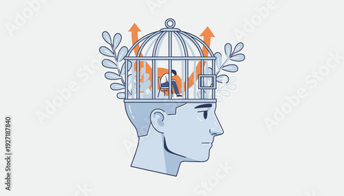 Mental Health Concept Illustration of a Human Head with a Cage Inside Representing a Personal Trap, Psychological Barriers, Being Stuck in a Comfort Zone, and the Struggle for Personal Growth