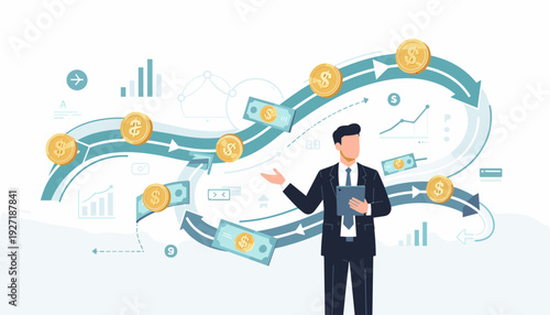 Businessman Managing Cash Flow and Financial Movement with Digital Tablet, Concept of Money Circulation, Business Payments, Economic Growth, Wealth Management, and Profit in Corporate World