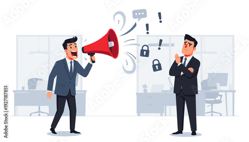 Businessman Shouting Through a Red Megaphone at a Colleague in an Office, Metaphor for Freedom of Speech, Censorship, Workplace Conflict, Communication Barriers, and Corporate Protest Concept