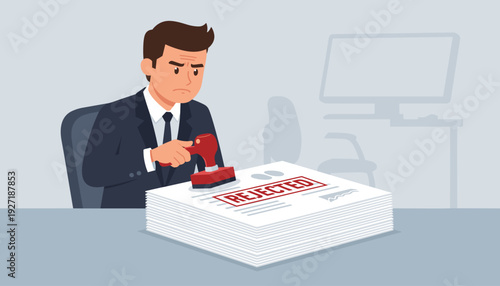 Frustrated Businessman in a Suit Stamping a Large Stack of Documents with a Red Rejected Stamp, Refusal to Grant a Loan or Job Application, Bureaucracy and Office Work Concept Vector Illustration
