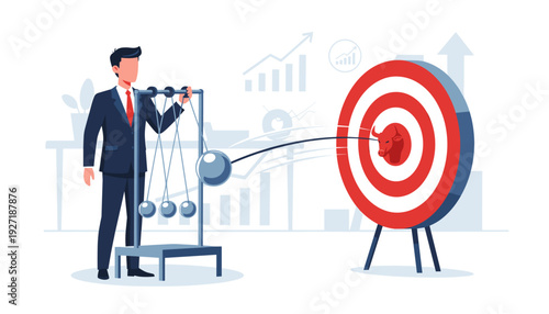 Businessman Using Newton's Cradle to Hit Bullseye on Target for Impactful Success, Concept of Goal Achievement, Momentum, and Strategic Business Growth with Financial Charts Background Vector