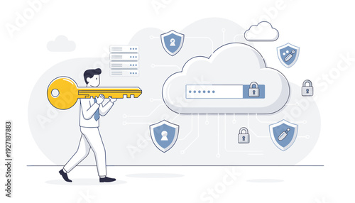 Man Carrying Large Golden Key for Cloud System Access, Internet Privacy and Data Security Concept, Information Safety Management, Cyber Protection, Network Authentication and Digital Privacy Art