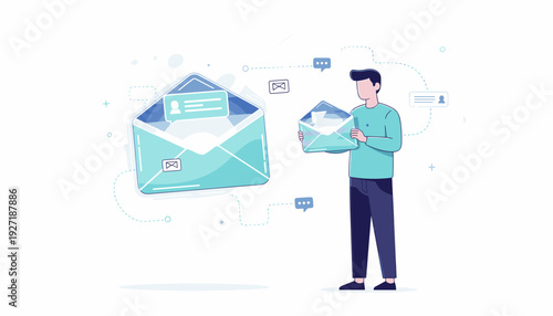 Man Reading Incoming Electronic Letter in Open Envelope, Concept of Email Marketing, Digital Message, Online Communication, Internet Mail Service, Business Correspondence, Flat Vector Illustration