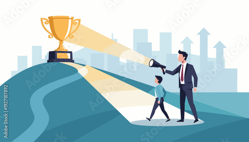 Business manager supporting employee to find career success, leader using flashlight to light path and help reaching goal, mentorship and guidance concept for professional growth and achievement.