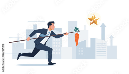 Businessman Running Towards Success with Carrot on a Stick Incentive Concept, Ambitious Employee Chasing Golden Star Reward in Corporate Cityscape Background, Motivation and Goal Achievement.