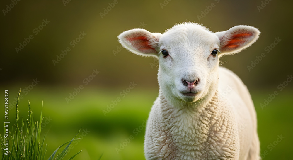 Fototapeta premium Adorable white lamb in a green pasture with nature animals