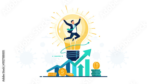 Successful Businessman Leader Jumping in a Big Lightbulb Idea Representing Innovation and Growth During Coronavirus Pandemic, Financial Recovery, Startup Success, and Economic Leadership Concept