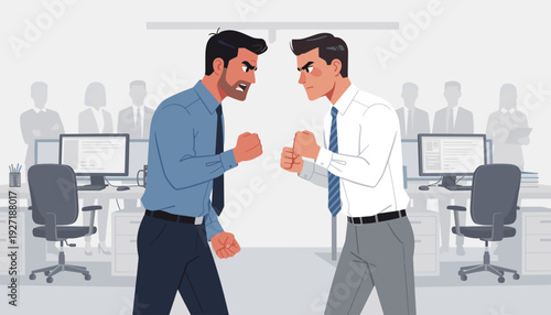 Two businessmen staring at each other with anger and clenched fists in an office setting, representing workplace conflict, professional rivalry, competition, and aggressive confrontation at work.