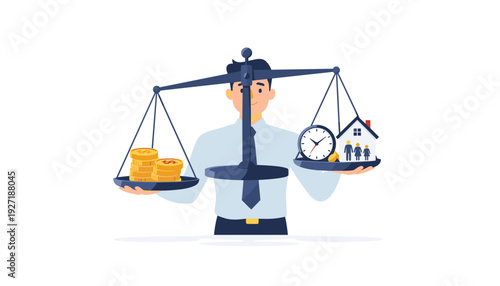 Businessman holding scales to find perfect work-life balance between money and family time, career success and personal life harmony concept, professional man balancing gold coins and home icons