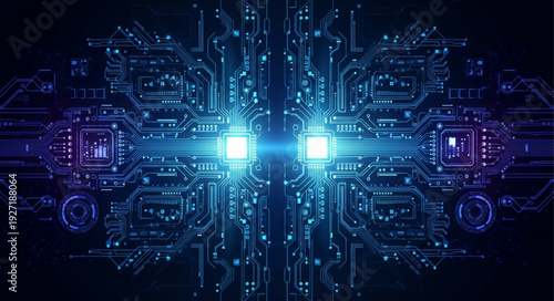 Abstract futuristic circuit board with glowing blue lights and intricate connections.