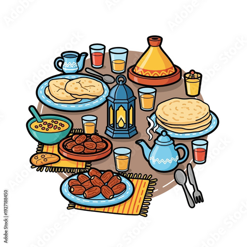 A vibrant illustration of a traditional Middle Eastern or North African Iftar meal spread with dates, flatbreads, soup, tea, and a decorative lantern.