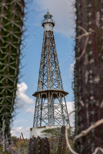 Historic Iron Lighthouse at Cabo San Román Framed by Desert Cactus