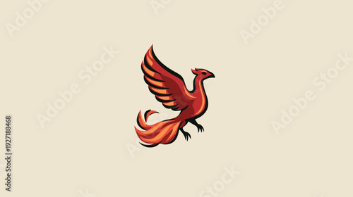 A stylized illustration of a mythical bird with flames of red, orange, and black on a beige backdrop