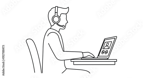 Line drawing of a person working on a laptop with a headset