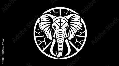 A stylized white elephant head within a circle, details cut out against a black background