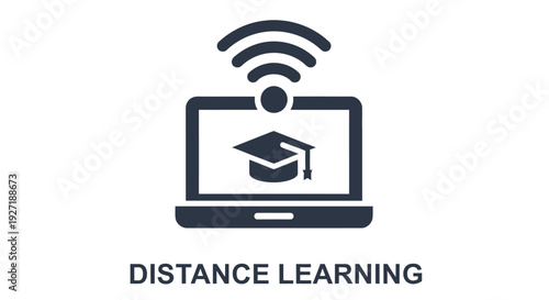Online education graphic featuring a laptop with a graduation cap and wifi signal