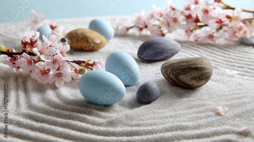 Zen Garden with Blossoming Branch and Smooth Stones