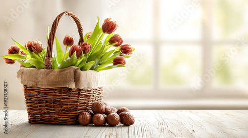 Fresh red tulips in a woven basket on a wooden table