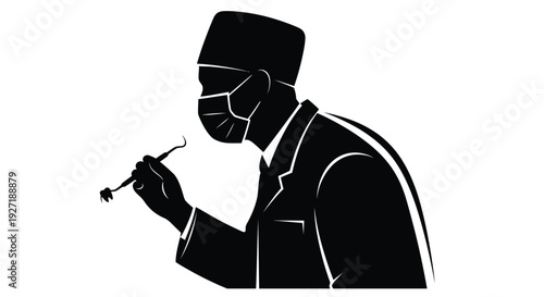 Silhouette of a man wearing a fez mask and suit holding a tooth.