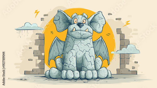 A cartoon stone gargoyle with wings sits in front of a weathered stone wall with a yellow sun in the background
