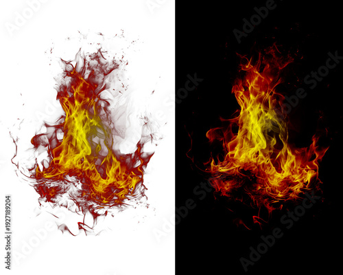 Fiery Abstract Flame Explosion on White and Black Backgrounds - Dynamic Energy and Heat