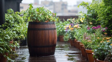 A wooden barrel planter filled with green plants sits on a wet rooftop garden surrounded by many potted flowers and plants on a rainy day