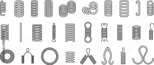 A clean graphic design collection featuring a diverse set of vector spring outlines, perfect for mechanical engineering, industrial hardware, and scientific illustration projects