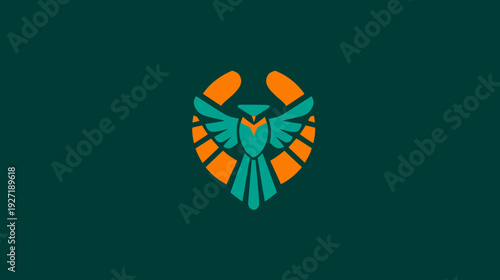 A teal and orange bird design within a circle of orange shapes, on a dark green backdrop