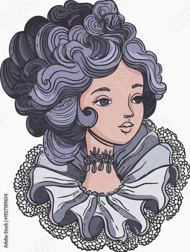 Romantic Rococo cartoon portrait of an aristocratic woman with an elaborate periwinkle hairstyle and lace ruff collar.