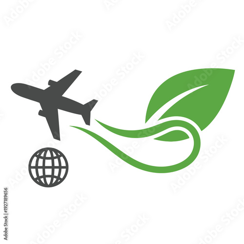 Green travel concept icon featuring a stylized airplane, global sphere, and a vibrant green leaf trail, symbolizing sustainable journeys, environmental consciousness, and responsible tourism