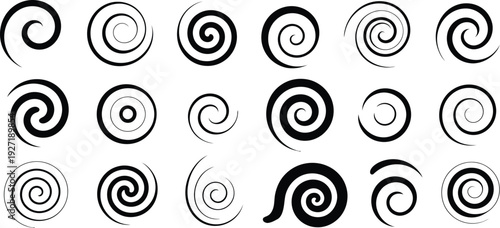 a minimalist black and white graphic design with a collection of various spiral swirls and circular patterns