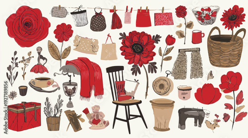 A charming collection of vintage and heirloom objects. This hand-drawn illustration features red flowers, furniture, and cozy items in a rustic, flat vector style. Perfect for nostalgic designs