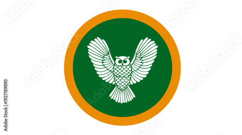A heraldic image of a white owl with spread wings, centered on green circle with gold border