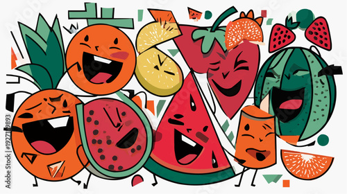 A playful vector illustration of anthropomorphic fruits like oranges watermelons laughing together. This fun, vibrant, colorful graphic is great for party invitations healthy food concepts.