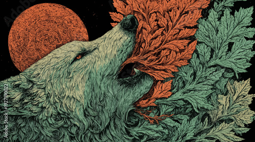 A lupine portrait howls at a blood moon, intertwined with intricate foliage, dark background