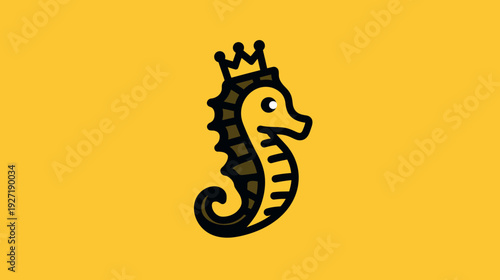 A regal seahorse, adorned with a crown, against a mustard yellow backdrop