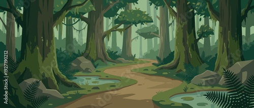 Flat Vector Illustration of a Peaceful Ancient Forest Trail Winding Through Moss-Covered Trees and Lush Ferns. Serene Woodland Landscape with Small Ponds, Rocks, and Dense Green Foliage Backdrop.