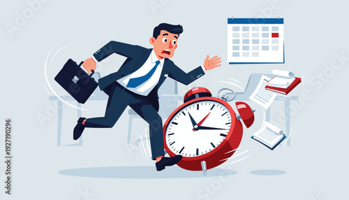 Stressed Businessman Tripping Over a Giant Alarm Clock, Office Worker Rushing to Meet a Deadline, Time Management and Productivity Concept, Professional Employee in Suit Vector Illustration