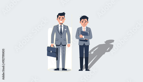 Vector Illustration of Two Businessmen Representing Optimism and Pessimism Concepts; a Happy Successful Professional in a Spotlight and a Sad Worried Colleague Standing in the Dark Shadows.