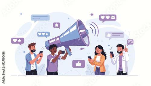 Vector illustration of diverse people using smartphones for social media marketing and internet advertisement, featuring a giant megaphone for broadcasting messages, likes, and digital engagement.