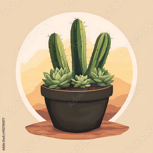 Desert succulent pot in round frame