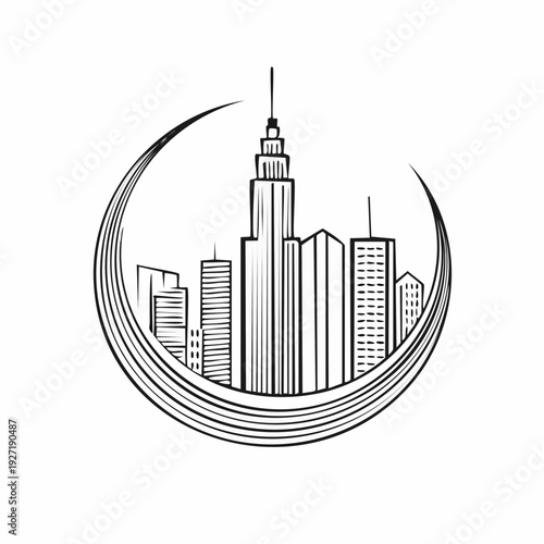 Black and White City Skyline Illustration.